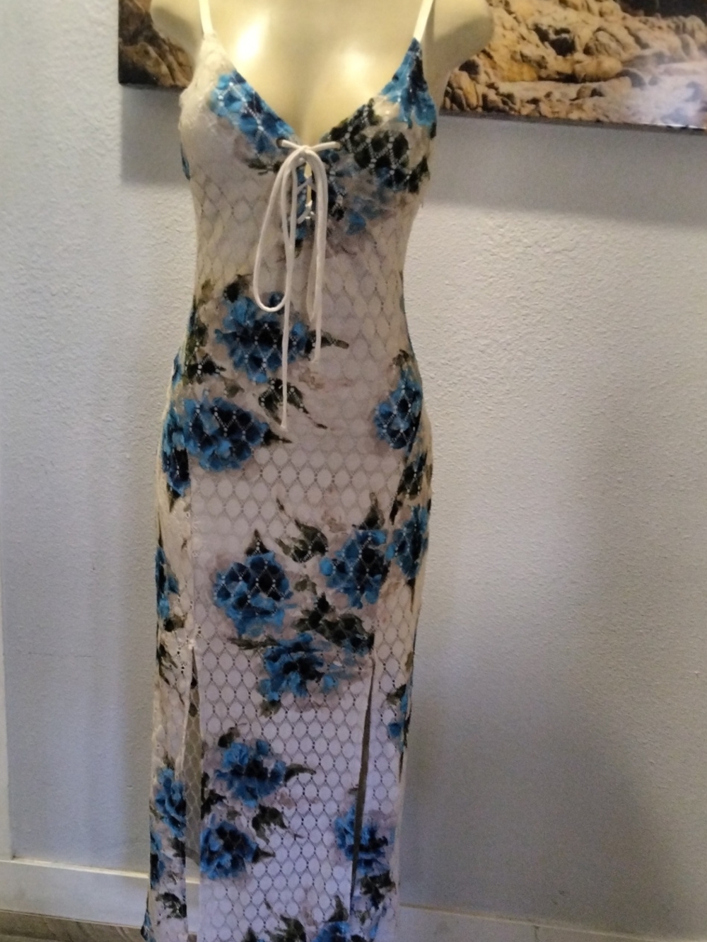 VENUS White Lace Maxi Dress with Blue Floral Print